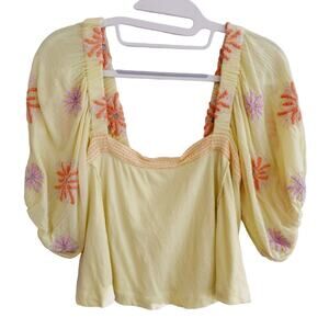 Urban Outfitters Yellow Embroidered Floral Cropped Boxy Puff Sleeve Peasant Top